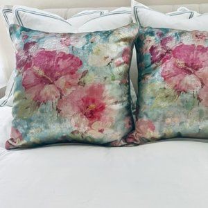 (2) Dazzling Chic Elegant Green Metallic Floral Throw Pillows